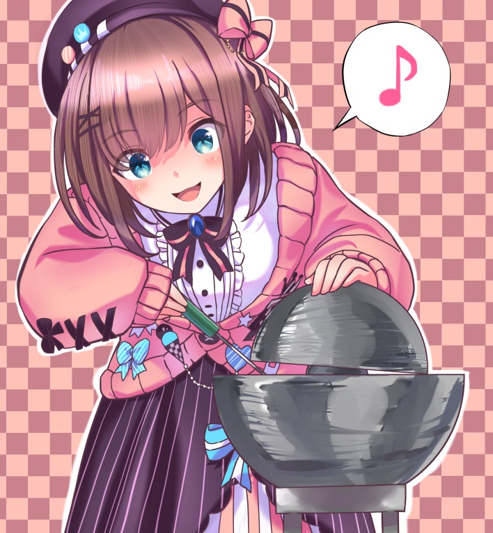 1girl beret blue_eyes blush bow bowtie brooch brown_hair cardigan center_frills checkered checkered_background commentary cowboy_shot demon_core eyebrows_visible_through_hair hair_ornament hat hat_pin heart jewelry leaning_forward medium_hair musical_note nijisanji open_mouth pink_cardigan screwdriver shirt skirt sleeves_past_wrists smile solo speech_bubble spoken_musical_note star striped striped_bow striped_skirt suzuhara_lulu tooi_aoiro vertical-striped_skirt vertical_stripes virtual_youtuber white_shirt x_hair_ornament