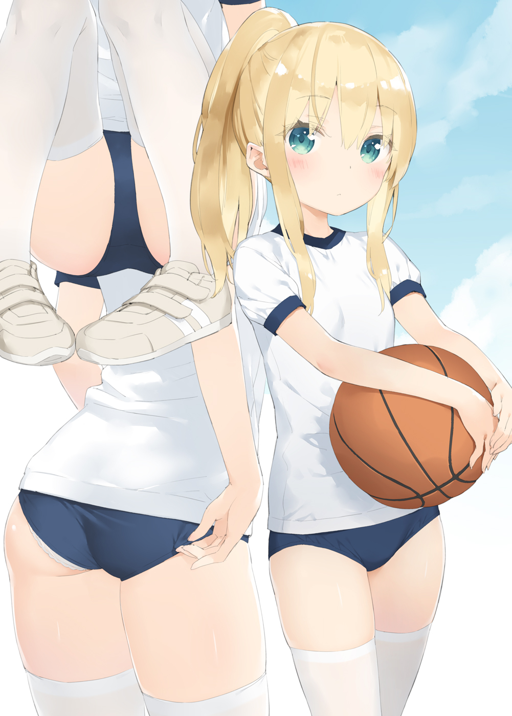 1girl adjusting_buruma adjusting_clothes aqua_eyes basketball blonde_hair blush breasts buruma cowboy_shot fanbox_reward gym_uniform highres long_hair multiple_views original paid_reward panties panty_peek peko ponytail shimotsuki_potofu sidelocks small_breasts thigh-highs underwear white_legwear white_panties