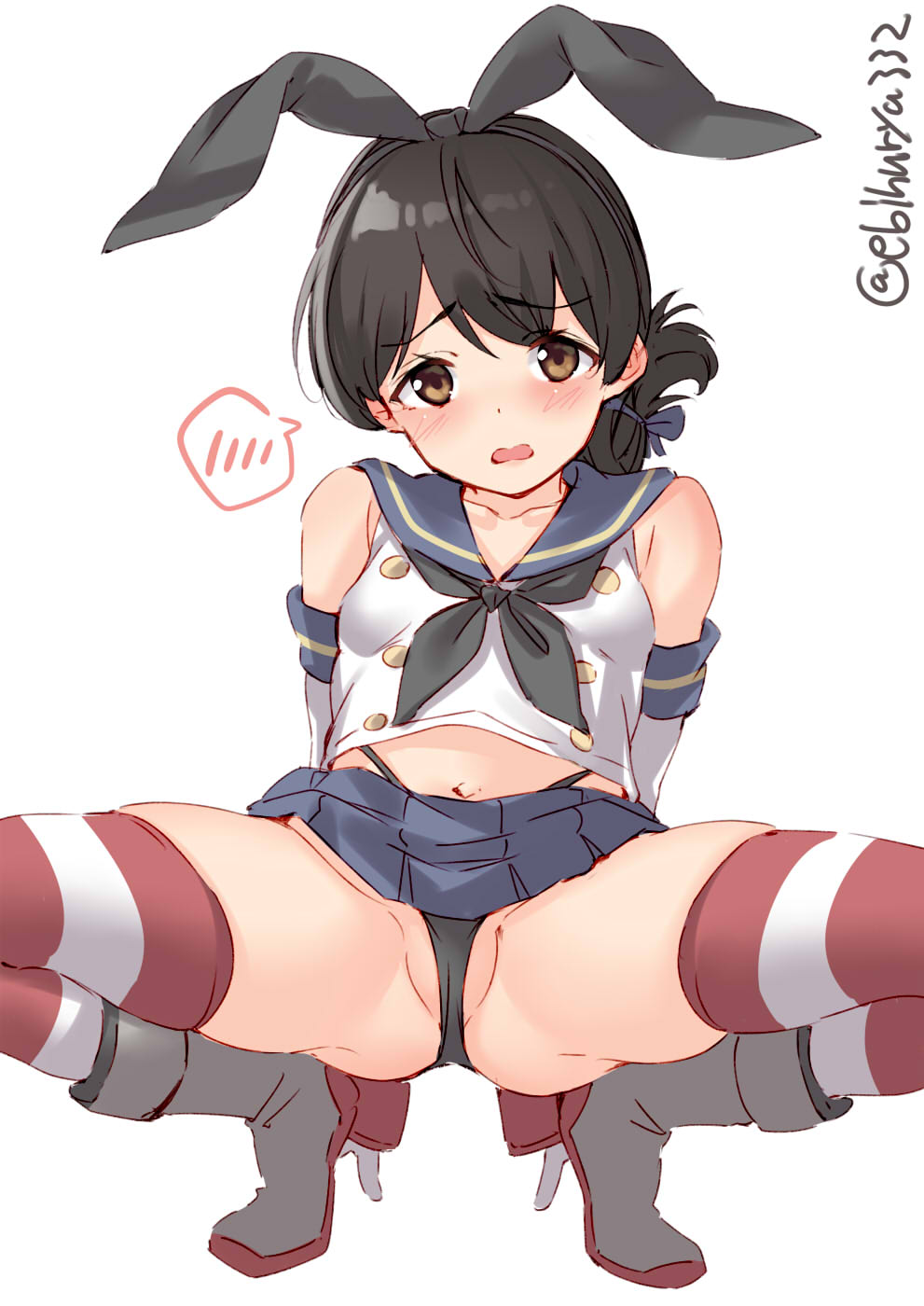 1girl black_hair black_neckwear black_panties blue_sailor_collar blue_skirt blush brown_eyes collarbone cosplay crop_top ebifurya elbow_gloves eyebrows_visible_through_hair full_body gloves highleg highleg_panties highres kantai_collection kasuga_maru_(kantai_collection) microskirt navel neckerchief open_mouth panties pleated_skirt sailor_collar school_uniform serafuku shimakaze_(kantai_collection) shimakaze_(kantai_collection)_(cosplay) short_hair simple_background skirt sleeveless solo spoken_blush striped striped_legwear taiyou_(kantai_collection) thigh-highs twitter_username underwear white_background white_gloves