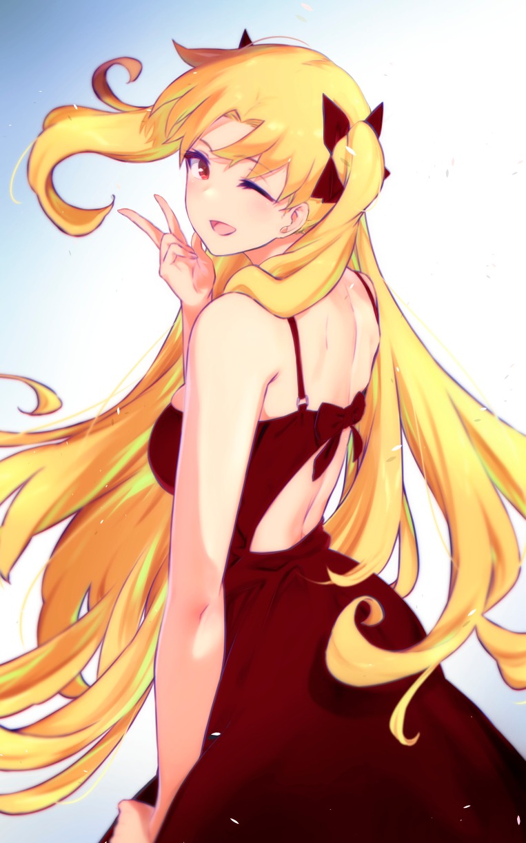 1girl back bangs bare_shoulders blonde_hair blue_background blush bow breasts contemporary dress ereshkigal_(fate/grand_order) fate/grand_order fate_(series) gradient gradient_background hair_bow highres long_hair looking_at_viewer looking_back medium_breasts murio one_eye_closed open_mouth parted_bangs red_bow red_dress red_eyes smile two_side_up very_long_hair w