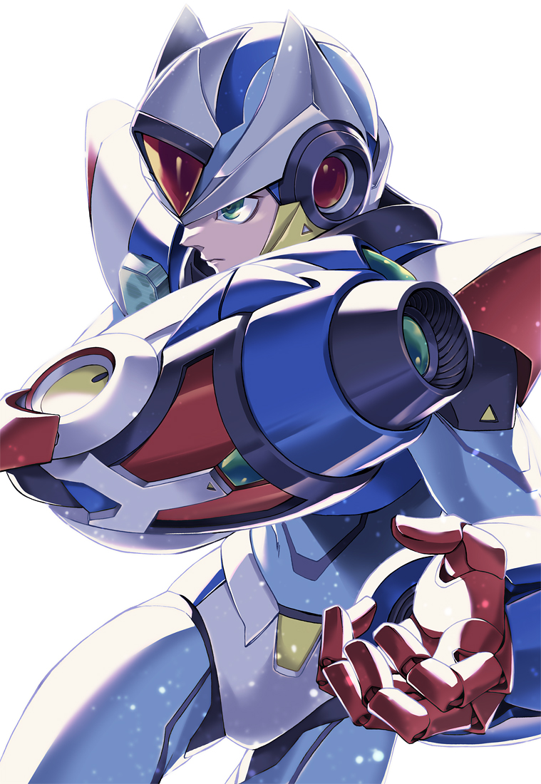 1boy android arm_cannon capcom commentary_request green_eyes helmet male_focus rockman rockman_x serious simple_background solo weapon white_background x_(rockman) yukinbo78