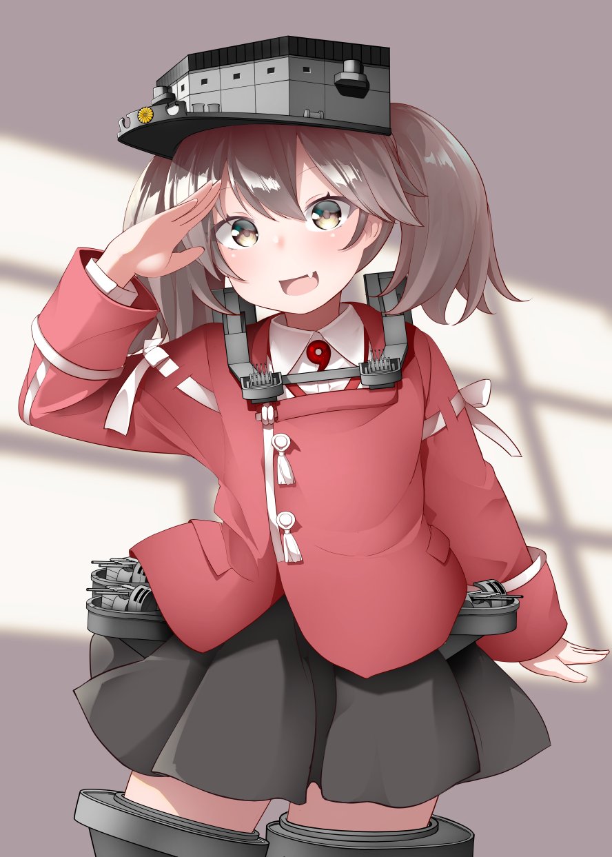 1girl black_skirt brown_hair collared_shirt cowboy_shot fang highres japanese_clothes kantai_collection kariginu kirigakure_(kirigakure_tantei_jimusho) looking_at_viewer machinery magatama pleated_skirt red_shirt ryuujou_(kantai_collection) salute shirt skin_fang skirt smile solo thigh-highs twintails visor_cap