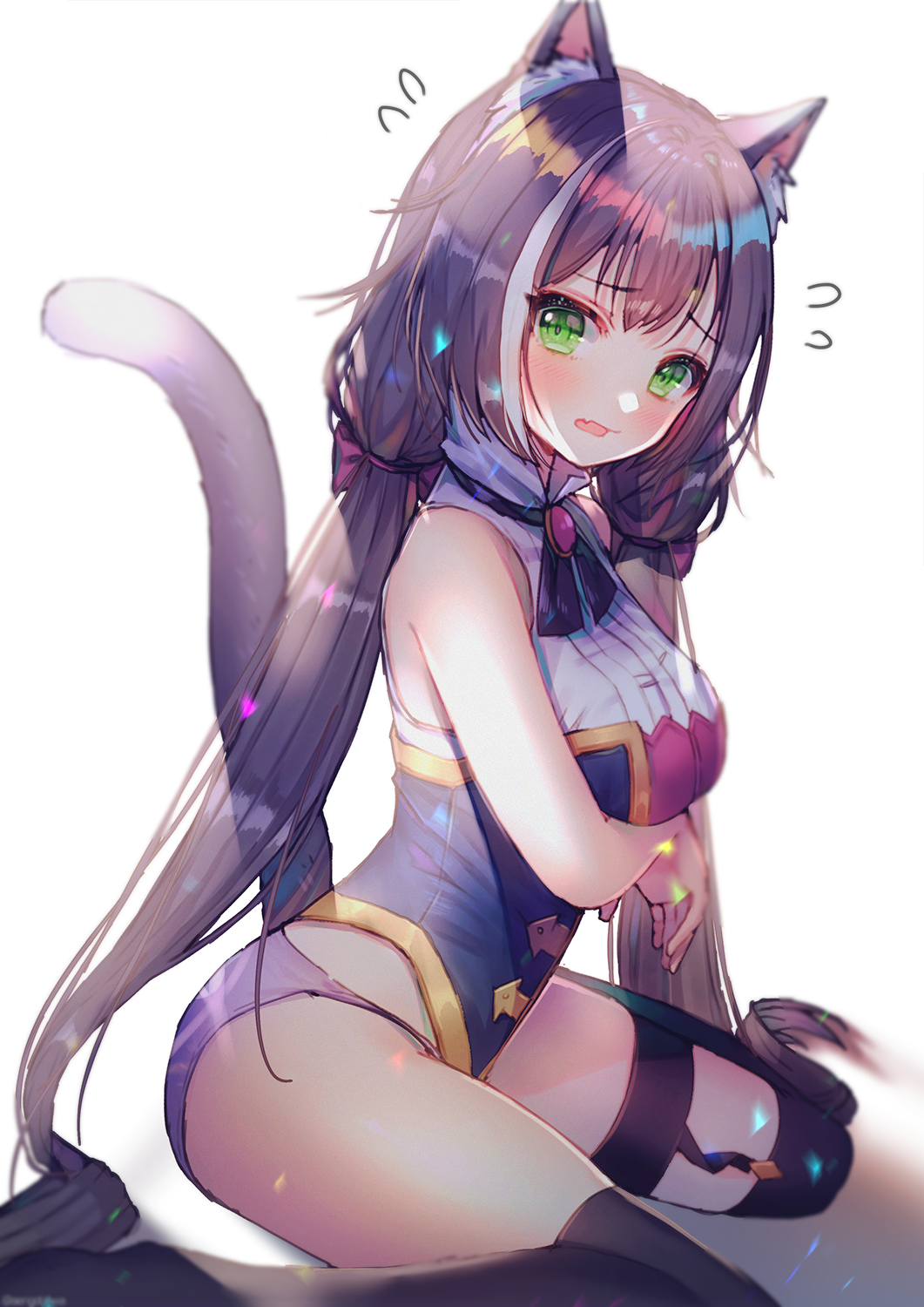 1girl animal_ears bare_arms bare_shoulders black_hair black_legwear breasts cat_ears cat_girl cat_tail gold_trim green_eyes hanato_(seonoaiko) highres karyl_(princess_connect!) long_hair looking_at_viewer low_twintails medium_breasts multicolored_hair neck_ribbon no_pants no_shoes open_mouth panties princess_connect! princess_connect!_re:dive purple_panties ribbon shirt simple_background sitting sleeveless sleeveless_shirt solo streaked_hair tail tail_raised thigh-highs thighs twintails underwear very_long_hair wariza white_background