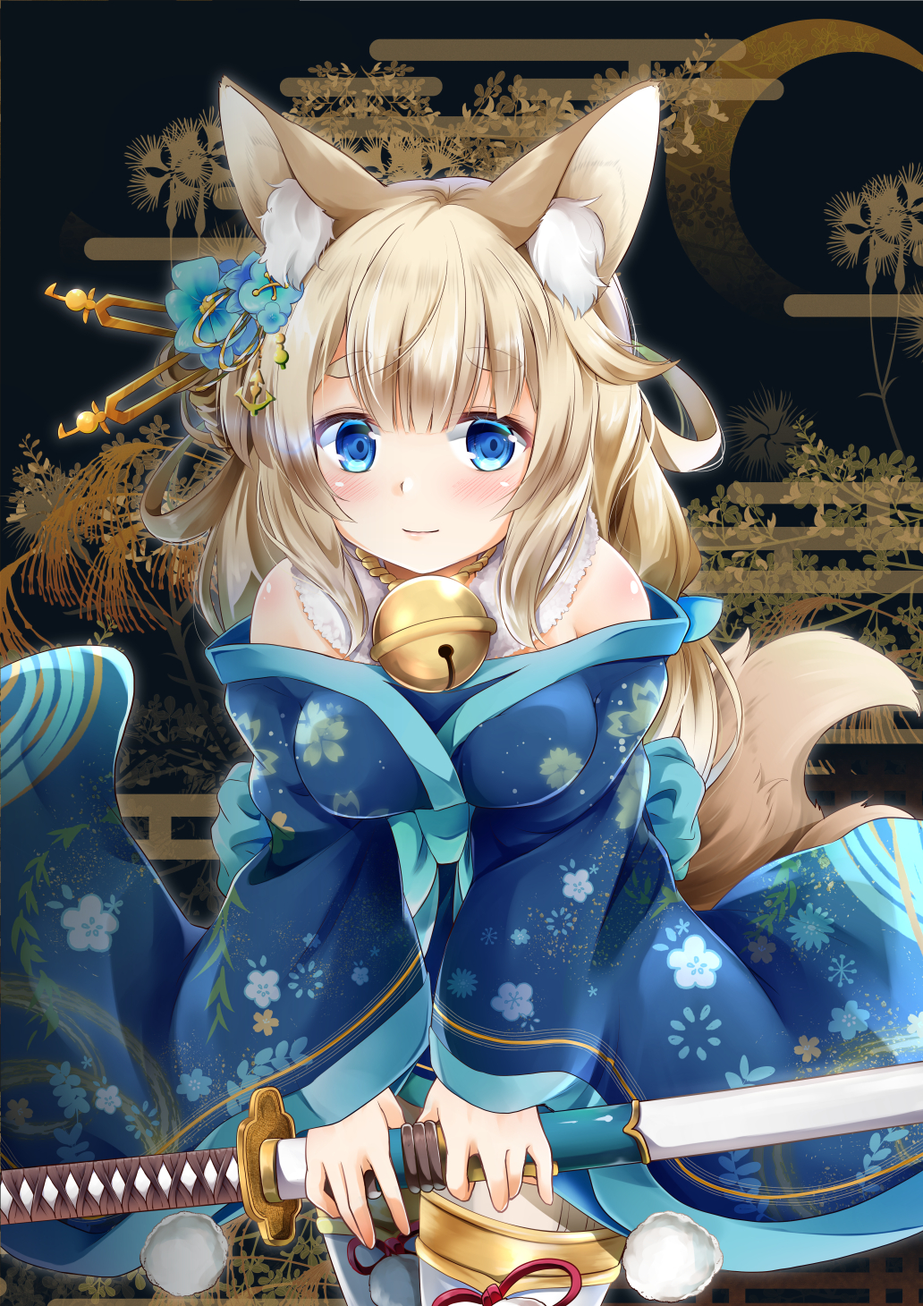 1girl animal_ears azur_lane bangs bare_shoulders bell black_background blonde_hair blue_eyes blue_kimono blush breasts closed_mouth eyebrows_visible_through_hair floral_background floral_print flower fox_ears fox_tail hair_flower hair_ornament highres holding holding_sword holding_weapon japanese_clothes jingle_bell katana kimono kimono_pull kitsune large_breasts long_hair looking_at_viewer minase_tamaki multiple_tails niizuki_(azur_lane) smile solo standing sword tail thick_eyebrows thigh-highs weapon white_legwear wide_sleeves