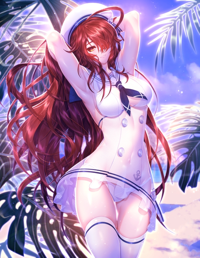 1girl armpits arms_behind_head arms_up ass_visible_through_thighs beach been blue_neckwear blue_sky breasts brown_eyes brown_hair day dress elesis_(elsword) elsword floating_hair grin hair_over_one_eye hat head_tilt large_breasts long_hair looking_at_viewer neckerchief outdoors panties sailor_collar sailor_dress see-through shiny shiny_hair shiny_legwear short_dress sky sleeveless sleeveless_dress smile solo standing thigh-highs thigh_gap underwear very_long_hair white_dress white_headwear white_legwear white_panties white_sailor_collar