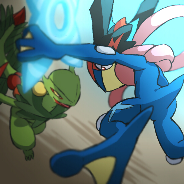 ash-greninja battle commentary_request creature eye_contact gen_3_pokemon gen_6_pokemon greninja holding looking_at_another mega_pokemon mega_sceptile no_humans pokemon pokemon_(anime) pokemon_(creature) pokemon_xy_(anime) sceptile shuriken ukata
