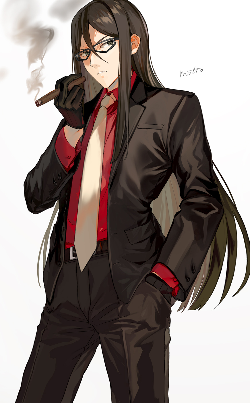 1boy belt black_belt black_eyes black_gloves black_jacket black_pants brown_hair cigar commentary_request fate_(series) formal frown glasses gloves highres holding_cigar jacket long_hair looking_at_viewer lord_el-melloi_ii_case_files male_focus mocha_(mokaapolka) necktie pants red_shirt shirt simple_background solo v-shaped_eyebrows waver_velvet white_background white_neckwear