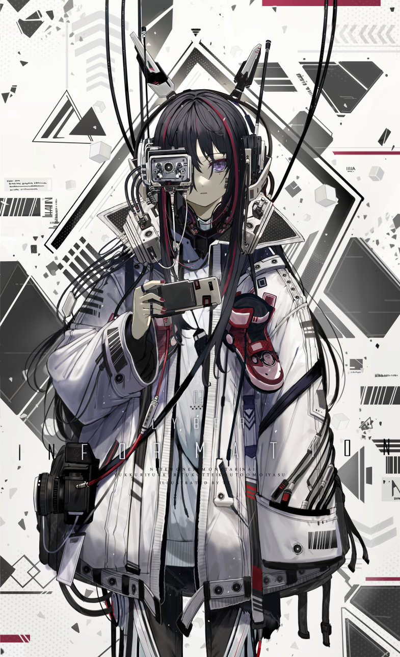 1girl abstract_background bangs black_hair collar cyberpunk facing_viewer footwear_removed hair_between_eyes headphones highres holding jacket jewelry long_hair long_sleeves looking_at_viewer multicolored_hair nail_polish original pants parted_lips pink_hair pink_nails ring science_fiction shirt shoes simple_background sneakers solo standing streaked_hair touzai_(poppin_phl95) upper_body violet_eyes white_jacket wide_sleeves wire