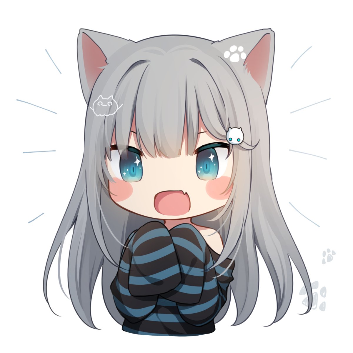1girl :d amashiro_natsuki animal_ears bangs bare_shoulders blue_eyes blush_stickers cat_ears chibi commentary_request cropped_torso eyebrows_behind_hair fang grey_hair hair_ornament highres long_hair looking_at_viewer nacho_(amashiro_natsuki) off-shoulder_shirt off_shoulder open_mouth original shirt simple_background smile solo sparkle sparkling_eyes striped striped_shirt upper_body very_long_hair white_background