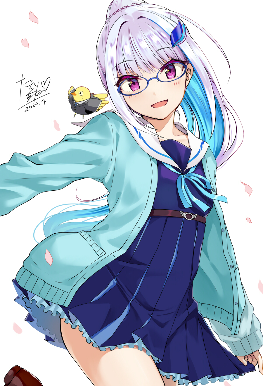 1girl :d animal bangs bespectacled bird blue_cardigan blue_hair blue_neckwear blue_ribbon blue_serafuku blue_shirt blue_skirt blush cardigan collared_shirt commentary_request cropped_legs dated duck eyebrows_visible_through_hair formal glasses grey_jacket hair_ornament highres jacket leg_up lize_helesta long_hair long_sleeves looking_at_viewer multicolored_hair neck_ribbon necktie nijisanji open_cardigan open_clothes open_mouth petals pleated_skirt ponytail ribbon sailor_collar school_uniform sebastian_piyodore serafuku shirt sidelocks signature simple_background skirt sleeves_past_wrists smile suit tarachine two-tone_hair very_long_hair violet_eyes virtual_youtuber white_background white_hair white_sailor_collar