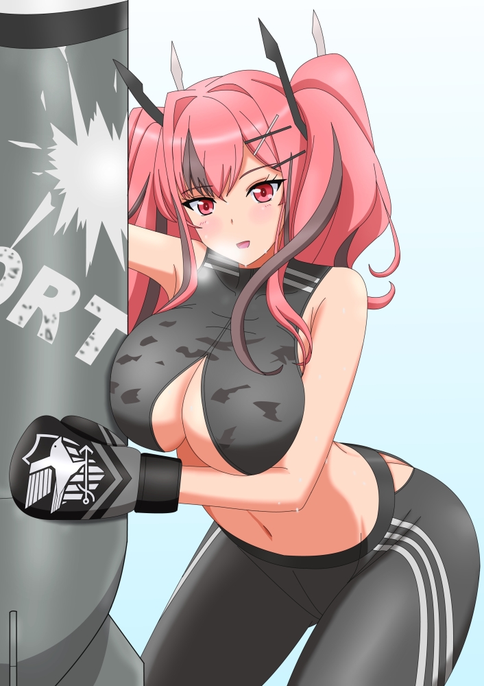 1girl :d ass_cutout azur_lane bangs bare_shoulders black_pants black_sports_bra blue_background blush boxing_gloves breasts bremerton_(azur_lane) commentary_request cosplay cowboy_shot crop_top eagle_union_(emblem) eyebrows_visible_through_hair grey_hair groin hair_intakes hair_ornament hairclip heavy_breathing hiromon holding large_breasts leaning_forward long_hair looking_at_viewer marblehead_(azur_lane) marblehead_(azur_lane)_(cosplay) marblehead_(boxing_girl!)_(azur_lane) midriff multicolored_hair navel no_mole open_mouth pants pink_eyes pink_hair punching_bag sidelocks simple_background sleeveless smile solo standing streaked_hair sweat track_pants twintails two-tone_hair under_boob underboob_cutout x_hair_ornament