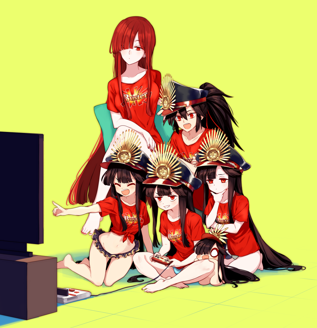 1boy 4girls bangs barefoot black_hair black_headwear blush breasts buster_shirt chibi closed_mouth collarbone controller crossed_legs famicom famicom_gamepad family_crest fate/grand_order fate_(series) game_console game_controller grey_shorts hair_between_eyes hair_over_one_eye hat indian_style kneeling kodamari koha-ace large_breasts long_hair medium_breasts multiple_girls multiple_persona navel nintendo oda_kippoushi_(fate) oda_nobunaga_(fate) oda_nobunaga_(fate)_(all) oda_nobunaga_(maou_avenger)_(fate) oda_nobunaga_(swimsuit_berserker)_(fate) oda_uri open_mouth peaked_cap playing_games pointing ponytail red_eyes red_shirt redhead shirt short_sleeves shorts sidelocks simple_background sitting smile t-shirt television tied_shirt yellow_background