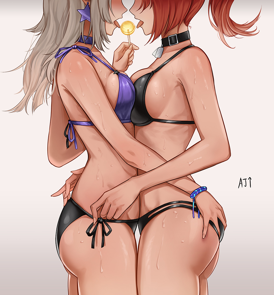 2girls aa-12_(girls_frontline) ark_john_up ass ass_grab bare_shoulders bikini black_bikini black_ribbon blush breast_press breasts buckle candy collar collarbone commentary cowboy_shot earrings english_commentary food from_side girls_frontline head_out_of_frame holding holding_food jewelry lollipop long_hair medium_breasts mismatched_bikini mp7_(girls_frontline) multiple_girls open_mouth ponytail redhead ribbon side-tie_bikini sideboob signature silver_hair simple_background star star_earrings sweat swimsuit symmetrical_docking tongue tongue_out white_background wristband yuri