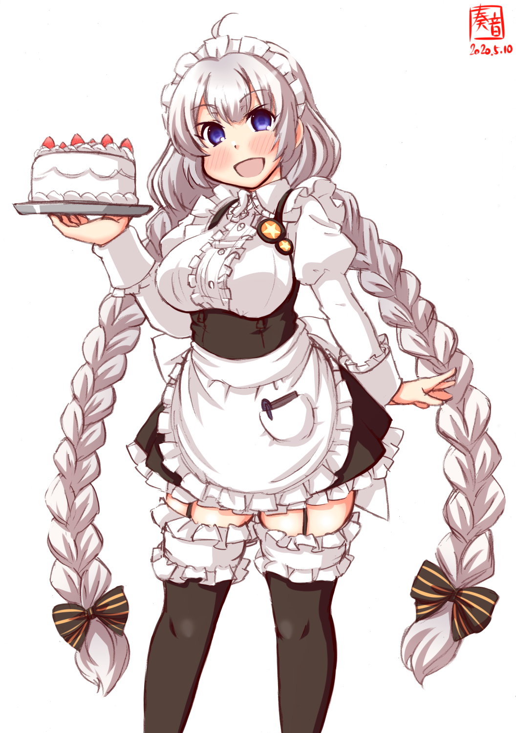 1girl ahoge alternate_costume apron artist_logo bangs black_dress black_legwear blue_eyes braid cake commentary_request cowboy_shot dated dress enmaided eyebrows_visible_through_hair food frilled_apron frills fruit garter_straps hair_ribbon highres juliet_sleeves kanon_(kurogane_knights) kizuna_akari long_hair long_sleeves maid maid_apron maid_day maid_dress maid_headdress open_mouth pastry puffy_sleeves ribbon silver_hair simple_background smile solo strawberry thigh-highs twin_braids underbust voiceroid waist_apron white_apron white_background white_frills