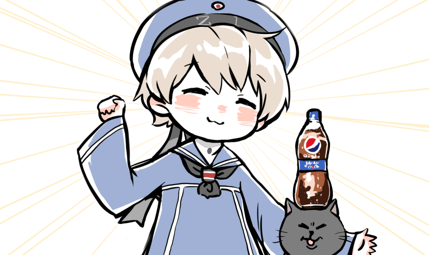 1girl 1other black_neckwear blue_sailor_collar bottle clenched_hand closed_eyes clothes_writing dress emphasis_lines facing_viewer hat kantai_collection karin_bluez3 neckerchief pepsi pepsi_japan_cola_challenge sailor_collar sailor_dress sailor_hat short_hair silver_hair smile soda_bottle unsinkable_sam z1_leberecht_maass_(kantai_collection)