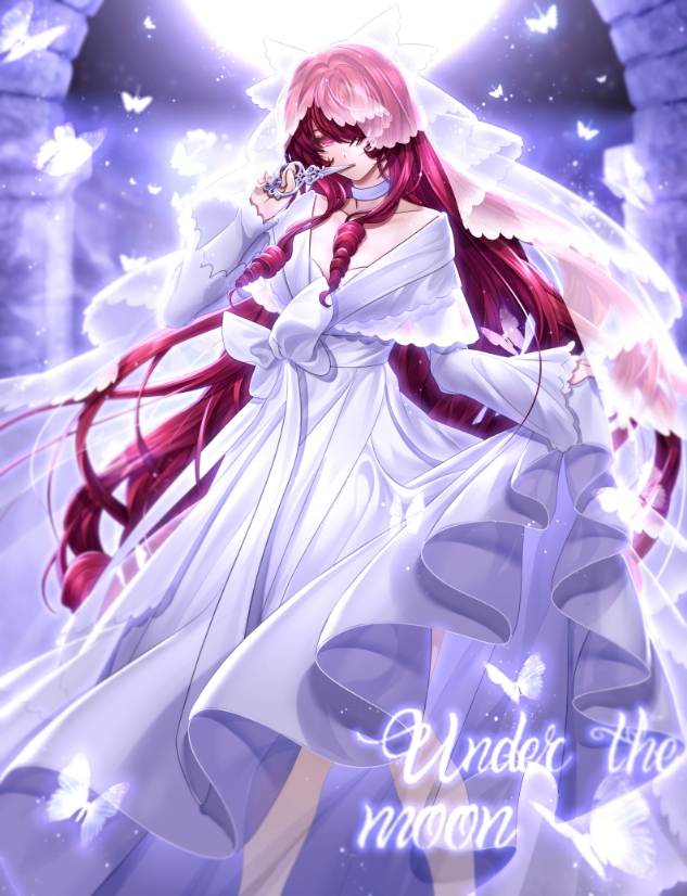 1girl been bow bridal_veil bug butterfly choker collarbone dress drill_hair elesis_(elsword) elsword floating_hair hair_intakes hair_over_one_eye holding insect long_dress long_hair long_sleeves looking_at_viewer moon red_eyes redhead shiny shiny_hair skirt_hold solo standing title veil very_long_hair white_bow white_dress