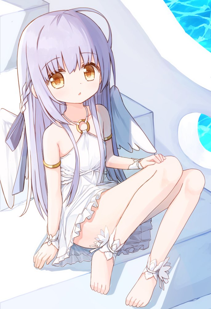 1girl bangs bare_shoulders barefoot blue_bow bow braid brown_eyes ciela_(yuuhagi_(amaretto-no-natsu)) commentary_request dress eyebrows_visible_through_hair feathered_wings frilled_dress frills full_body hair_between_eyes hair_bow halterneck long_hair looking_at_viewer o-ring o-ring_dress original parted_lips profile purple_hair sitting sitting_on_stairs solo stairs stone_stairs very_long_hair water white_dress white_wings wings wrist_cuffs yuuhagi_(amaretto-no-natsu)