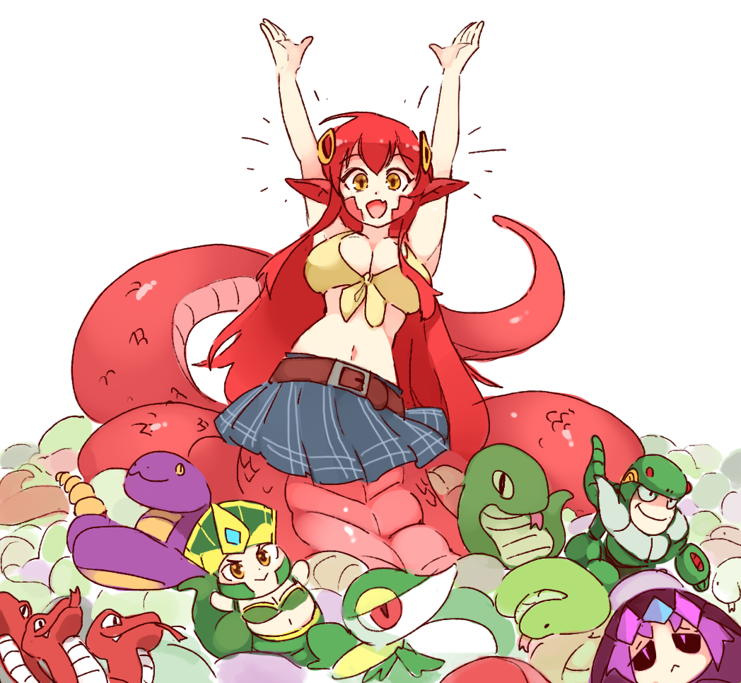 1girl :&gt; :d \o/ arms_up belt breasts cassiopeia_du_couteau character_request commentary crossover ekans english_commentary fang gen_1_pokemon hair_ornament hairclip lamia large_breasts league_of_legends long_hair looking_at_viewer midriff miia_(monster_musume) monster_girl monster_musume_no_iru_nichijou multiple_crossover navel open_mouth outstretched_arms plaid plaid_skirt pleated_skirt pokemon pokemon_(creature) redhead rockman rockman_3 rtil scales simple_background skin_fang skirt smile snakeman solo trait_connection white_background yellow_eyes
