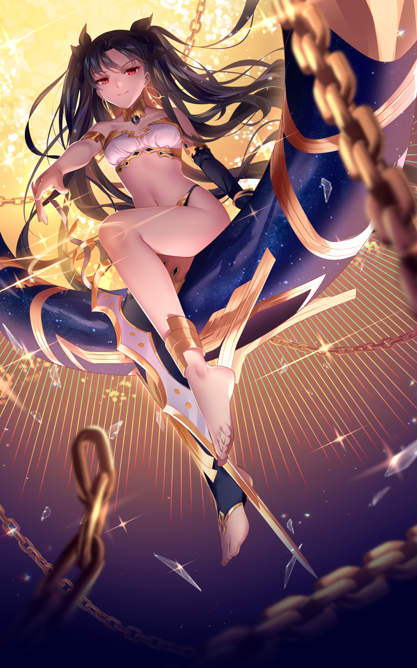 1girl anklet armlet asymmetrical_legwear asymmetrical_sleeves bangs bare_shoulders black_hair breasts detached_collar earrings elbow_gloves fate_(series) gloves highres hoop_earrings ishtar_(fate)_(all) ishtar_(fate/grand_order) jewelry long_hair looking_at_viewer medium_breasts navel neck_ring parted_bangs red_eyes rimuu single_elbow_glove single_thighhigh sitting smile solo thigh-highs toeless_legwear two_side_up