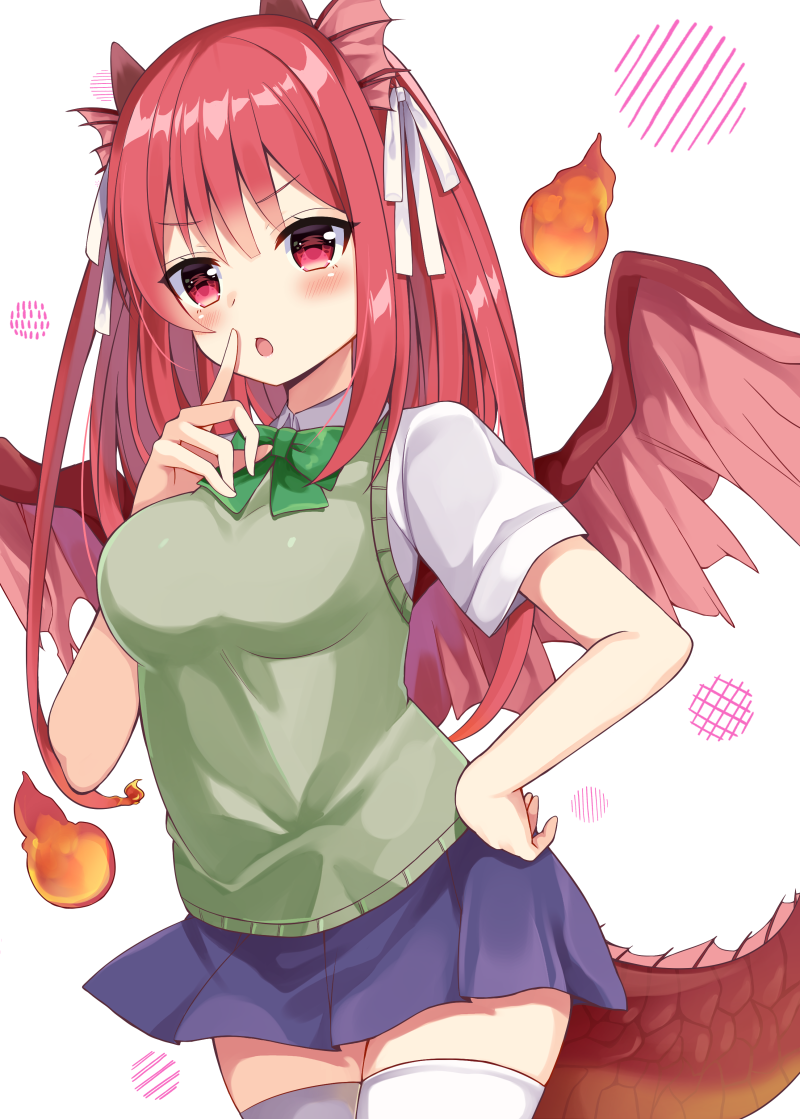 1girl :o blue_skirt blush bow breasts brown_wings collared_shirt commentary_request dragon_girl dragon_horns dragon_tail dragon_wings fire green_bow hair_ribbon hand_on_hip hand_up head_fins horns index_finger_raised long_hair looking_at_viewer maki_soutoki medium_breasts original parted_lips pleated_skirt red_eyes redhead ribbon shirt short_sleeves skirt solo sweater_vest tail thigh-highs very_long_hair white_background white_legwear white_ribbon white_shirt wings