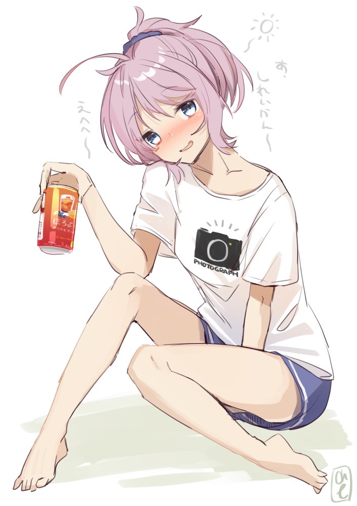 1girl aoba_(kantai_collection) barefoot beer_can blue_eyes blue_shorts can casual commentary_request drunk full_body kantai_collection looking_at_viewer ponytail purple_hair scrunchie shirt shorts simple_background sitting solo t-shirt translation_request white_background white_shirt yamashiki_(orca_buteo)