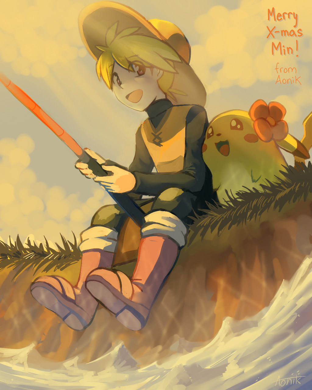 1girl :d aonik black_eyes blonde_hair blue_sky boots brown_eyes chuchu_(pokemon) clouds cloudy_sky commentary day english_commentary fishing fishing_rod flower gen_1_pokemon grass hair_flower hair_ornament happy highres holding holding_fishing_rod looking_at_viewer open_mouth outdoors pants pikachu pokemon pokemon_special short_hair sitting sitting_on_ground sky smile water yellow_(pokemon)