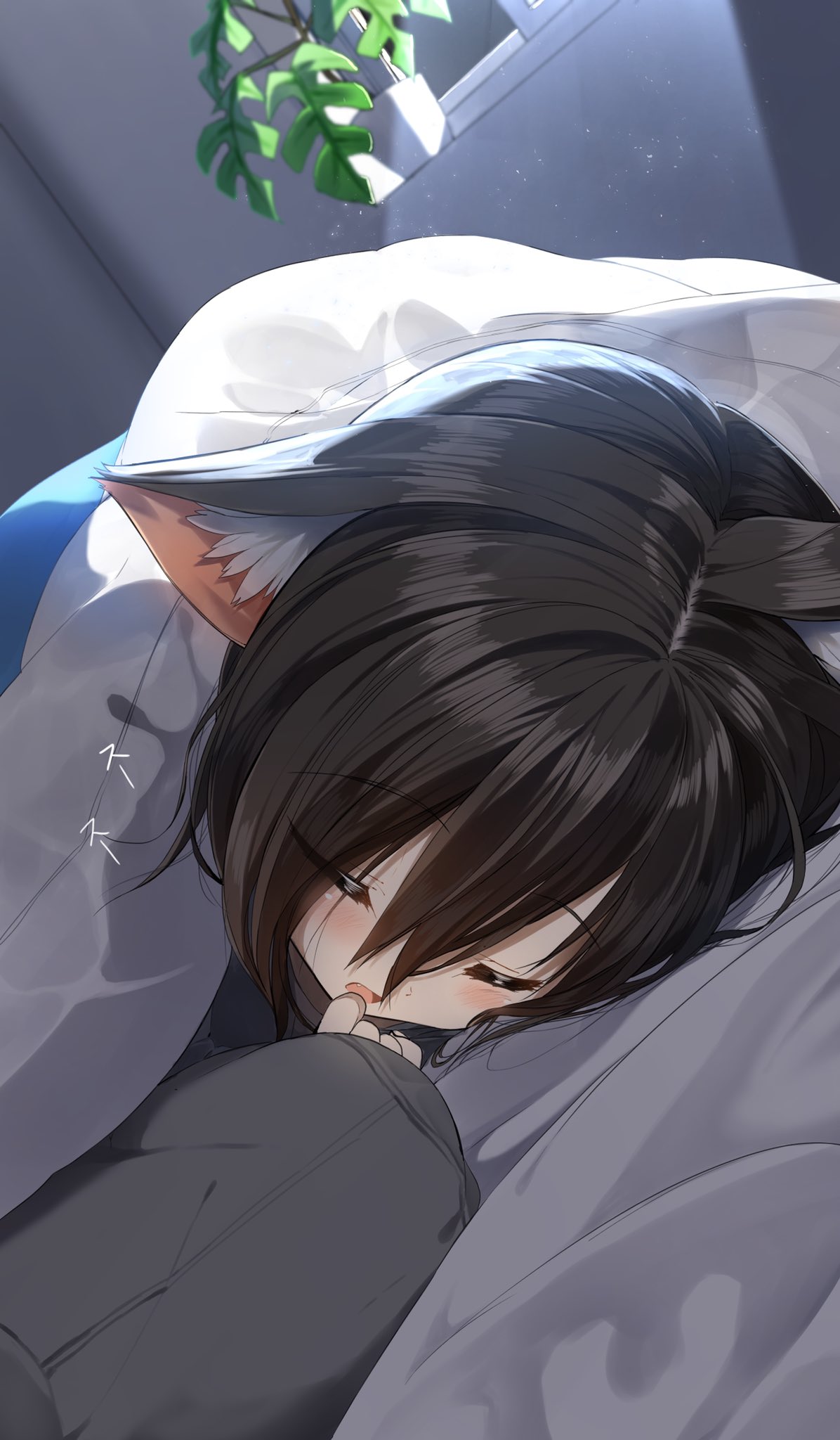 1girl animal_ear_fluff animal_ears bangs black_hair blush cat_ears closed_eyes commentary_request eyebrows_visible_through_hair futon hair_between_eyes hand_up highres indoors lying on_side original parted_lips pentagon_(railgun_ky1206) plant potted_plant sleeping solo under_covers