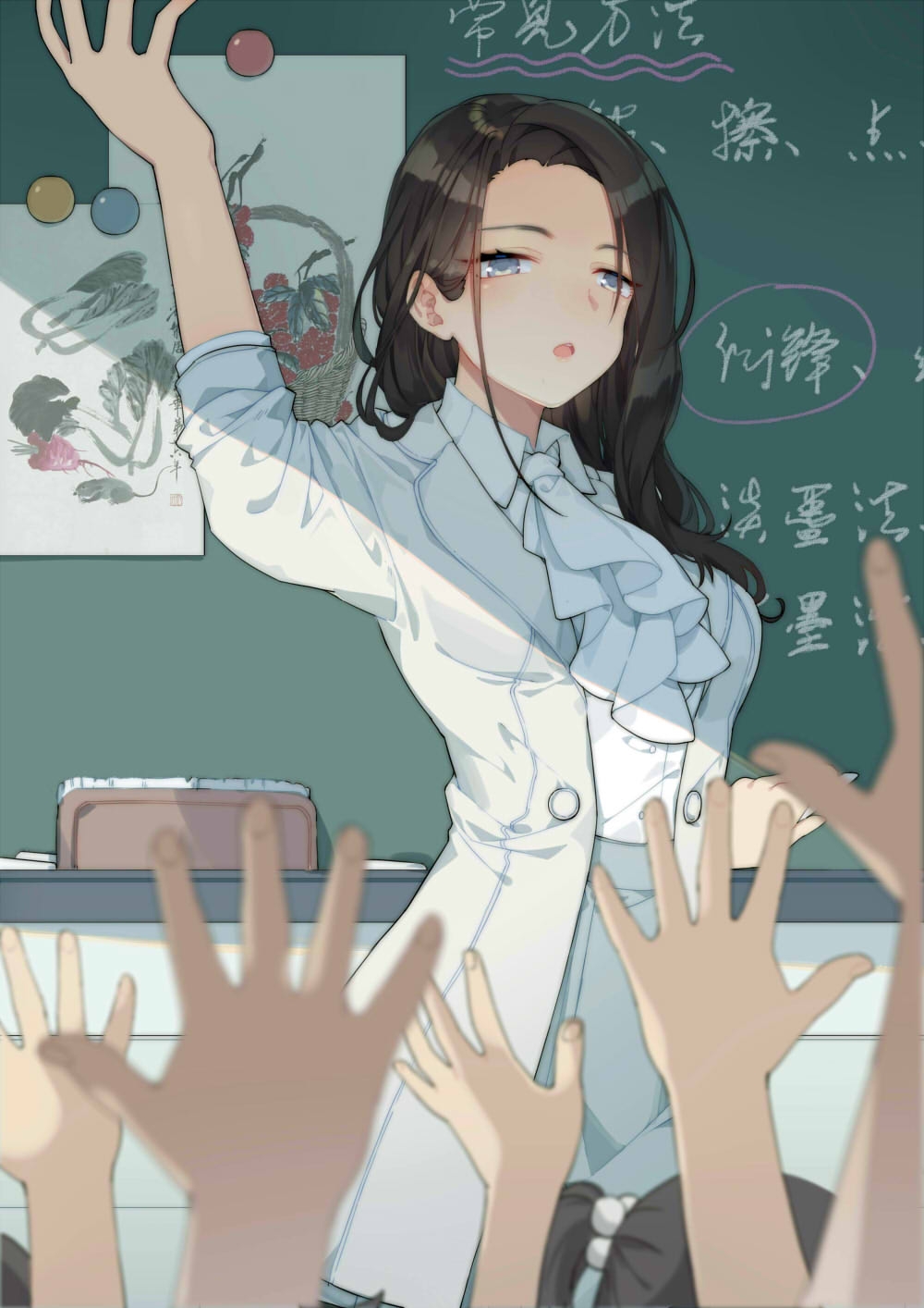 1girl :o arms_up black_hair blue_eyes chalk chalkboard child chinese_commentary chinese_text classroom commentary_request cravat day eraser hair_bobbles hair_ornament hands_up highres ibex long_hair picture_(object) very_long_hair white_neckwear