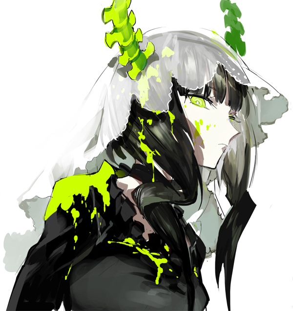 1girl bangs black_hair black_rock_shooter blood blood_on_face blood_splatter bloody_clothes dead_master demon demon_girl demon_horns expressionless from_side green_blood green_eyes green_horns horns looking_at_viewer short_hair sidelocks solo starshadowmagician veil