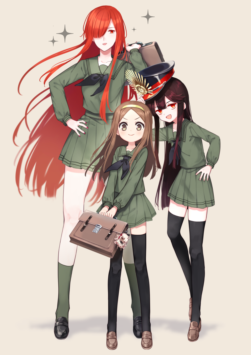 3girls alternate_costume bangs black_hair black_headwear black_legwear black_neckwear blush breasts brown_eyes brown_hair chacha_(fate/grand_order) closed_mouth collarbone dual_persona family_crest fate/grand_order fate_(series) forehead full_body green_legwear green_shirt green_skirt hair_over_one_eye hairband hat highres kneehighs kodamari koha-ace large_breasts long_hair long_sleeves looking_at_viewer multiple_girls neckerchief oda_nobunaga_(fate) oda_nobunaga_(fate)_(all) oda_nobunaga_(maou_avenger)_(fate) oda_uri open_mouth parted_bangs peaked_cap pleated_skirt red_eyes redhead sailor_collar school_uniform serafuku shirt simple_background skirt small_breasts smile sparkle thigh-highs tongue tongue_out