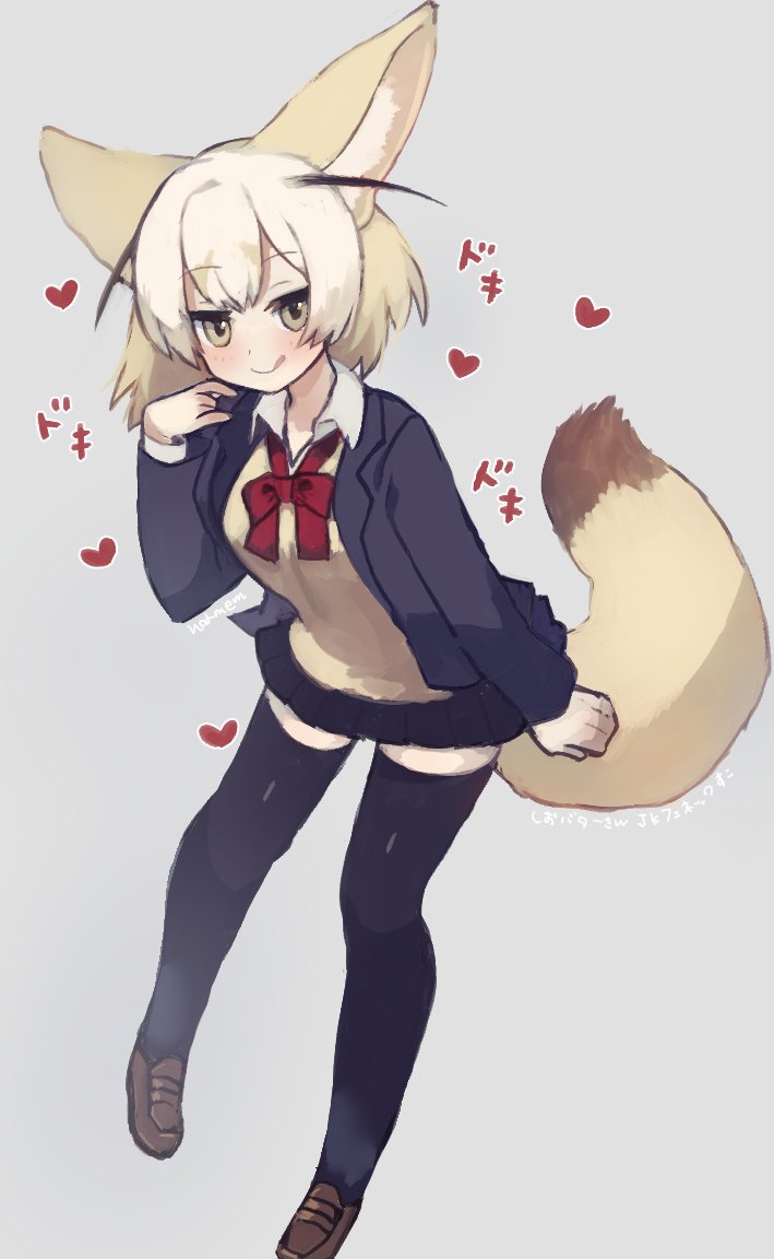 1girl :p alternate_costume animal_ears beige_sweater blonde_hair blush bow bowtie collared_shirt commentary_request eyebrows_visible_through_hair fennec_(kemono_friends) fox_ears fox_girl fox_tail full_body green_eyes heart ichi001 jacket kemono_friends long_sleeves multicolored_hair navy_blue_jacket navy_blue_legwear navy_blue_skirt necktie pleated_skirt red_neckwear school_uniform shirt short_hair skirt solo tail thigh-highs tongue tongue_out white_hair white_shirt zettai_ryouiki