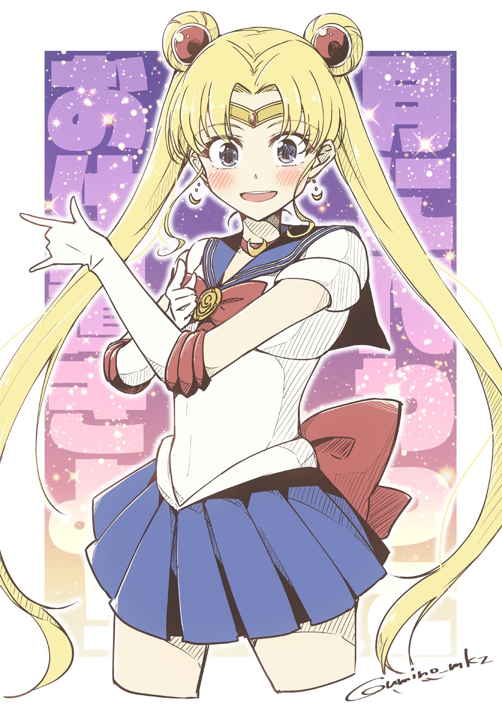 1girl artist_name bishoujo_senshi_sailor_moon blonde_hair blue_eyes blue_sailor_collar blue_skirt choker commentary_request crescent crescent_earrings double_bun earrings eyebrows_visible_through_hair gloves highres jewelry long_hair looking_at_viewer magical_girl open_mouth red_choker sailor_collar sailor_moon sailor_senshi sailor_senshi_uniform short_sleeves skirt smile solo tiara tsuki_ni_kawatte_oshioki_yo tsukino_usagi twintails umino_mokuzu_(shizumisou) white_gloves