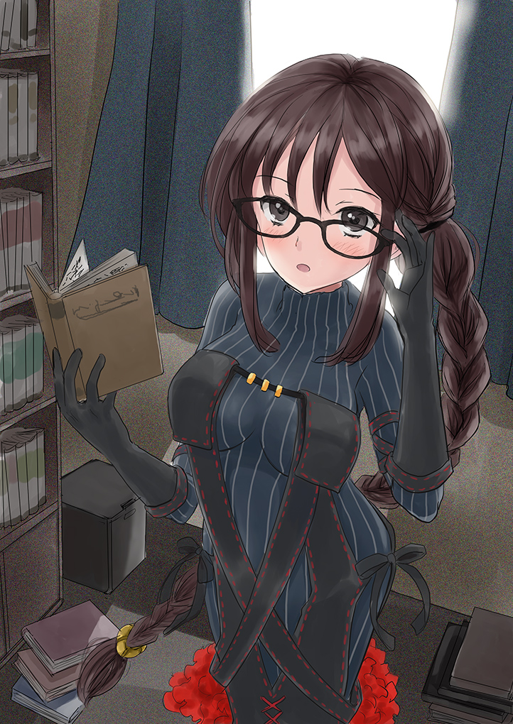 1girl backlighting bangs black-framed_eyewear black_dress black_gloves blush book bookshelf braid breasts brown_hair center_opening consort_yu_(fate) dress earrings elbow_gloves fate/grand_order fate_(series) glasses gloves grey_dress grey_eyes jewelry kitagawa_mikio layered_dress long_hair looking_at_viewer medium_breasts multiple_earrings multiple_piercings open_book open_mouth ribbed_dress ribbon-trimmed_dress turtleneck_dress very_long_hair window