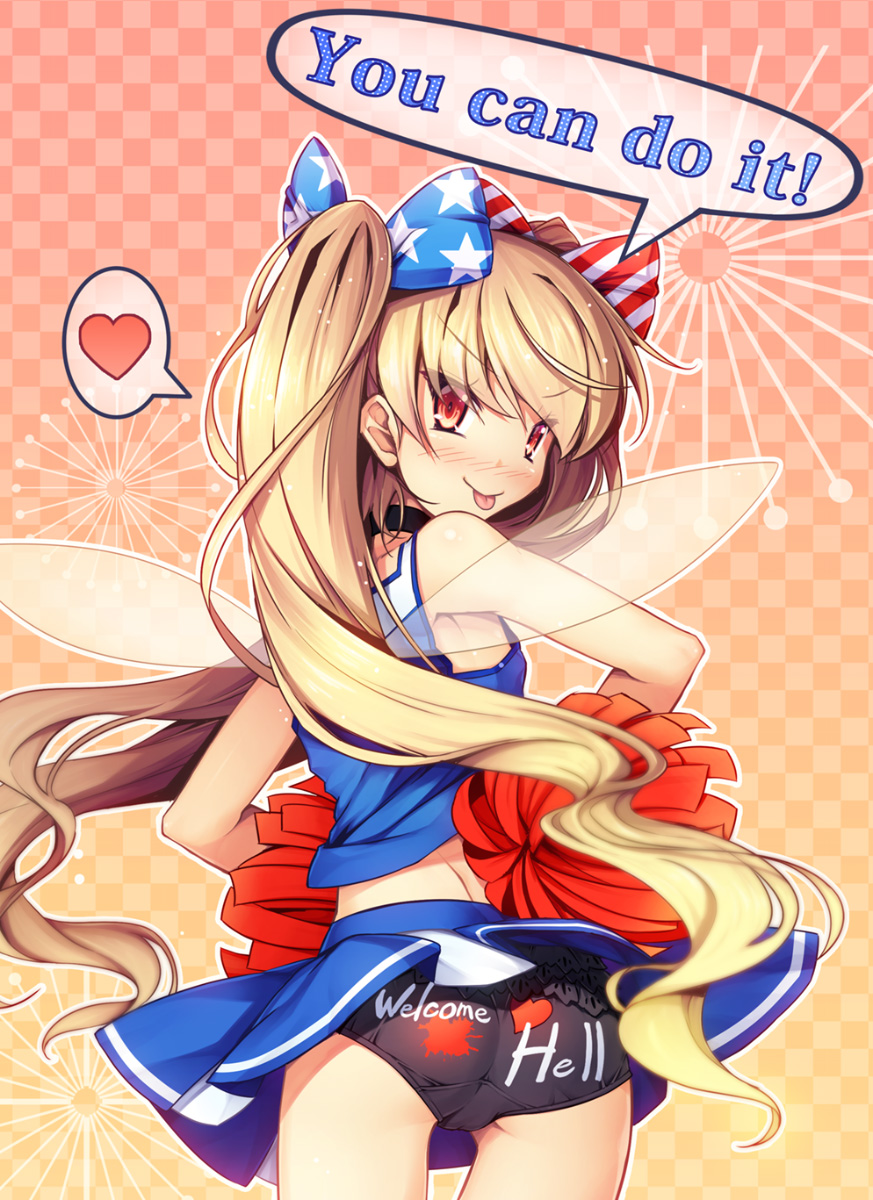1girl :p alternate_costume alternate_hairstyle ass bangs bare_arms bare_shoulders black_choker black_panties blonde_hair blue_bow blue_shirt blue_skirt blush bow checkered checkered_background cheerleader chima_q choker clownpiece commentary_request cowboy_shot english_text eyebrows_visible_through_hair fairy_wings from_behind gradient gradient_background hair_bow heart highres long_hair looking_at_viewer looking_back miniskirt nose_blush orange_background panties pom_poms red_bow red_eyes shirt skirt sleeveless solo speech_bubble spoken_heart standing star star_print striped striped_bow tongue tongue_out touhou transparent_wings twintails underwear very_long_hair wings