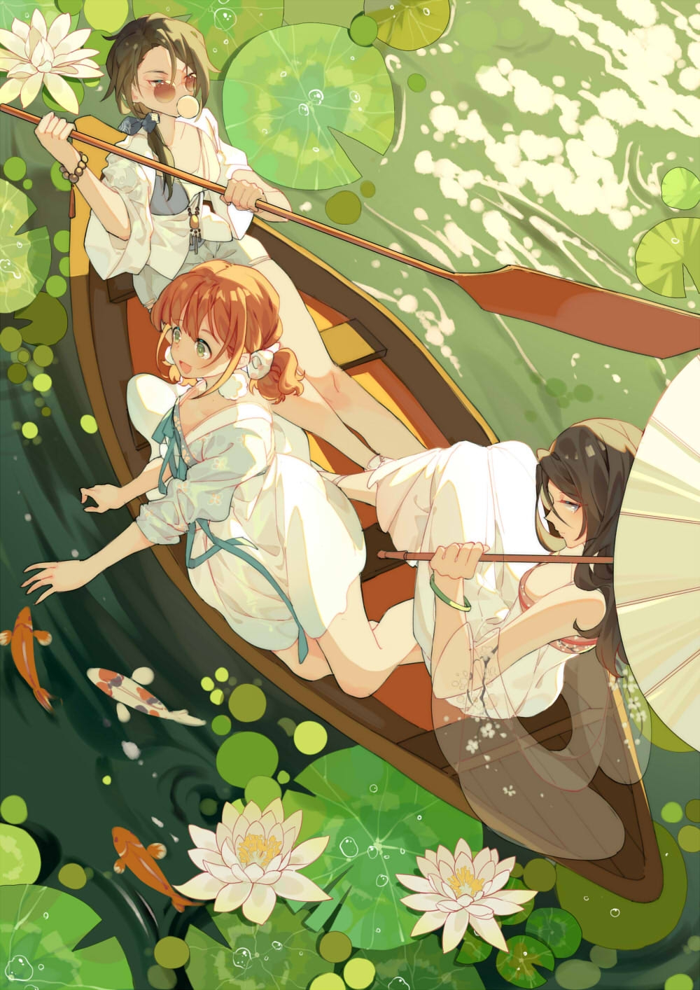 3boys bangle bead_bracelet beads black_hair boat bracelet brown_hair bubble_blowing dress fish from_above highres ibex jewelry koi lily_pad multiple_boys see-through shorts umbrella water watercraft white_dress white_umbrella