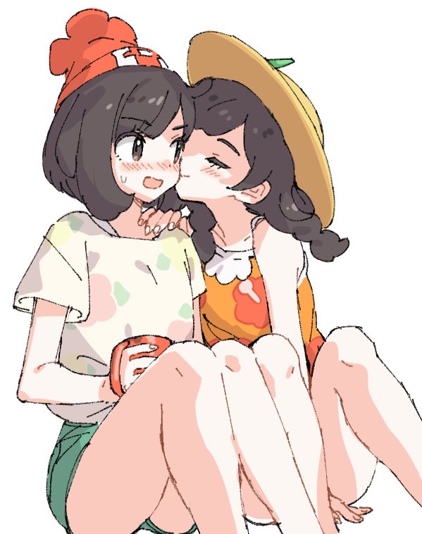 /\/\/\ 2girls ankea_(a-ramo-do) ass bangs beanie black_hair blush braid cheek_kiss closed_eyes cup embarrassed eyebrows_visible_through_hair floral_print green_shorts hand_on_another's_shoulder hat kiss knees_up legs_together long_hair mizuki_(pokemon) mug multiple_girls nervous open_mouth pokemon pokemon_(game) pokemon_sm pokemon_usum short_hair short_sleeves shorts simple_background sleeveless smile straw_hat sweat sweatdrop thighs twin_braids twintails white_background yuri