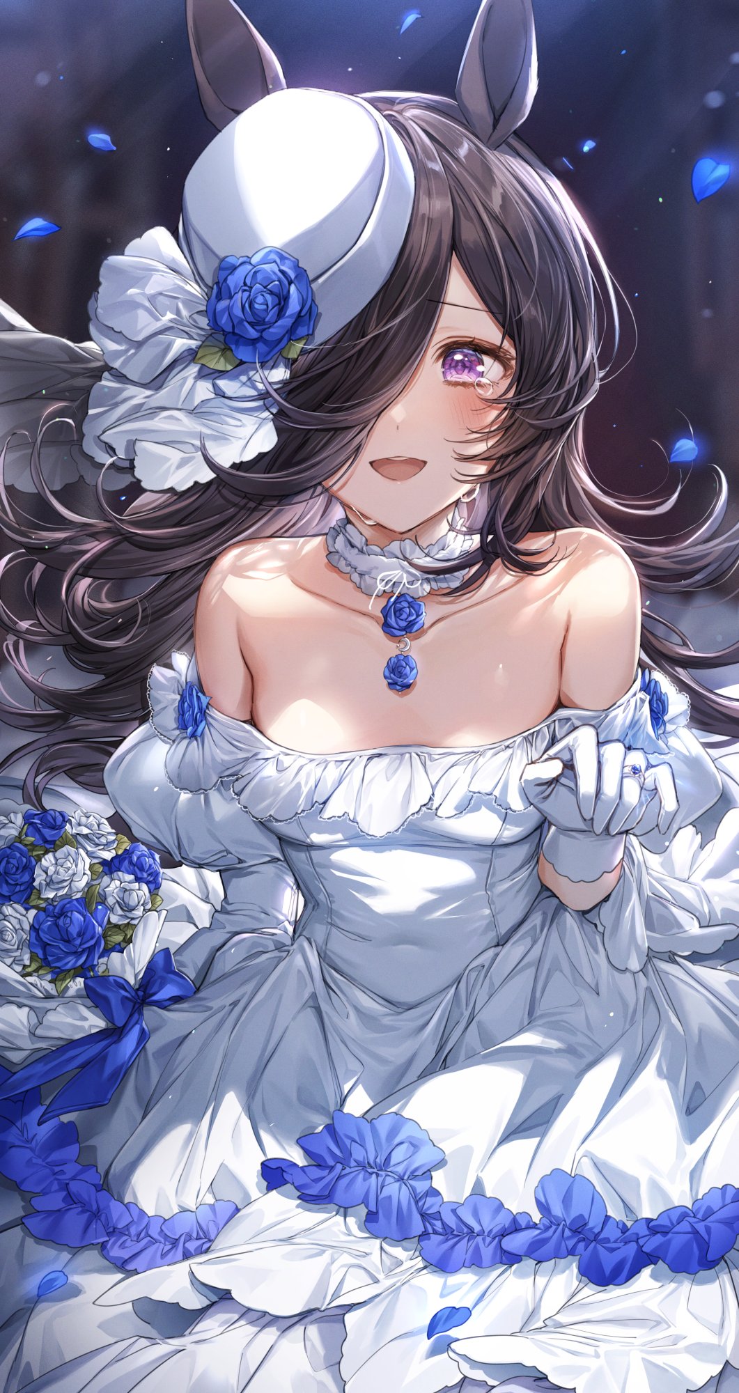 1girl :d animal_ears bare_shoulders blue_flower blue_rose blush bouquet breasts brown_hair collarbone commentary_request crying crying_with_eyes_open dress flower gloves hair_over_one_eye hat hat_flower hat_over_one_eye highres horse_ears horse_girl jewelry long_hair looking_at_viewer open_mouth petals pillo rice_shower_(umamusume) ring rose small_breasts smile solo strapless strapless_dress tears umamusume violet_eyes wedding_dress wedding_ring white_dress white_flower white_gloves white_rose
