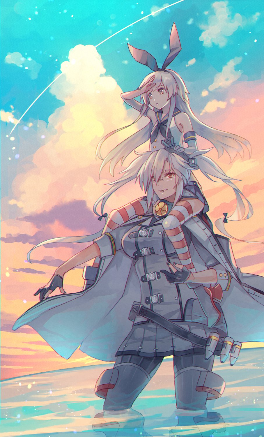 2girls black_gloves blonde_hair blue_skirt blue_sky carrying clouds commentary_request crop_top double-breasted elbow_gloves glasses gloves gradient_sky grey_eyes grey_skirt hair_between_eyes highres kantai_collection kasumi_(skchkko) kikumon long_hair microskirt miniskirt multiple_girls musashi_(kantai_collection) outdoors partly_fingerless_gloves platinum_blonde_hair pleated_skirt red_eyes remodel_(kantai_collection) shimakaze_(kantai_collection) shoulder_carry skirt sky soaking_feet standing striped striped_legwear sunset thigh-highs twintails two_side_up white_gloves