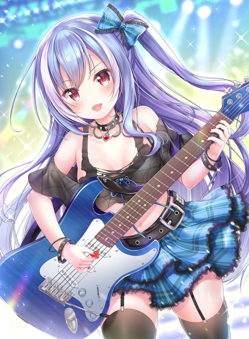 1girl :d aoba_project aoba_rena bare_shoulders belt black_bra black_legwear black_shirt blue_hair blue_skirt bow bra bracelet breasts choker collarbone cowboy_shot crop_top electric_guitar fang garter_straps glint guitar hair_bow heart instrument jewelry layered_skirt long_hair looking_at_viewer medium_breasts midriff miniskirt multicolored_hair music nail_polish navel off-shoulder_shirt off_shoulder one_side_up open_mouth plaid plaid_skirt playing_instrument punk red_eyes red_nails sakura_moyon shirt skindentation skirt smile solo sparkle stage_lights thigh-highs torn_clothes two-tone_hair underwear v-shaped_eyebrows very_long_hair white_hair zettai_ryouiki
