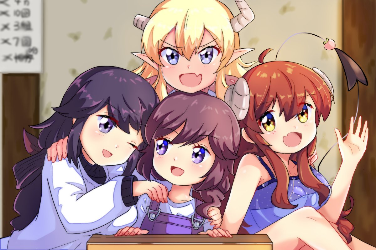 ahoge blush brown_hair curled_horns demon_girl demon_horns demon_tail eyebrows_visible_through_hair family fang horns lilith_(machikado_mazoku) long_hair machikado_mazoku mother_and_daughter multiple_girls open_mouth ryuhirohumi tail violet_eyes yoshida_ryouko yoshida_seiko yoshida_yuuko_(machikado_mazoku)