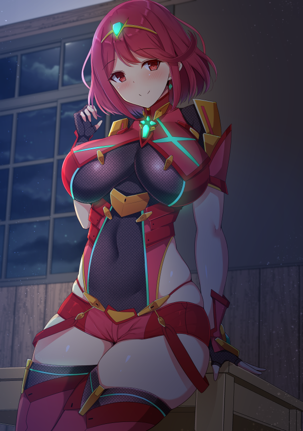 1girl bangs black_gloves blush breasts closed_mouth covered_navel duplicate earrings eyebrows_visible_through_hair fingerless_gloves gloves glowing pyra_(xenoblade) impossible_clothes indoors jewelry large_breasts night nintendo noeomi red_eyes red_legwear red_shorts redhead short_hair short_shorts shorts shoulder_armor skin_tight skindentation smile solo swept_bangs table thigh-highs tiara window xenoblade_(series) xenoblade_2