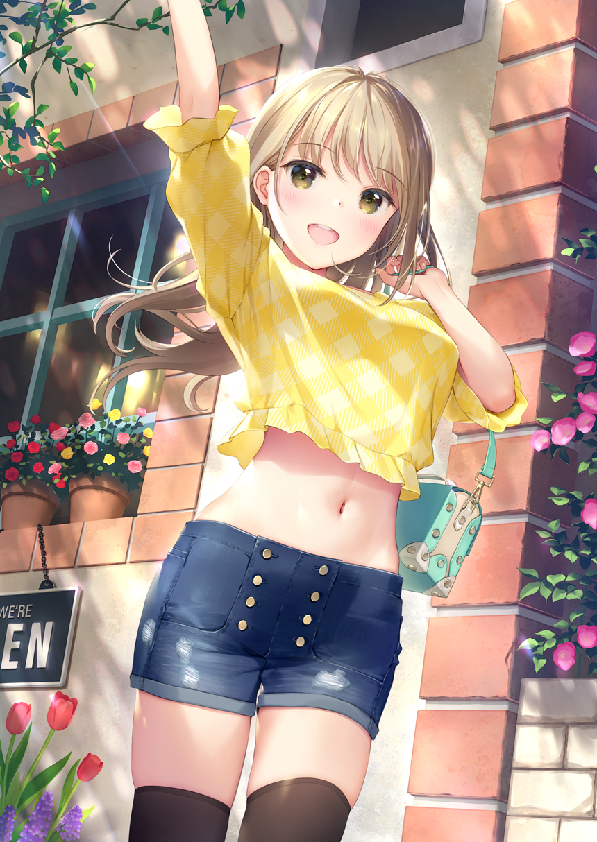 1girl bag bangs black_legwear blonde_hair blue_bag blush breasts brown_eyes commentary_request day denim denim_shorts eyebrows_visible_through_hair flower highres large_breasts long_hair looking_at_viewer mignon navel original outdoors pink_flower red_flower shirt short_shorts shorts smile solo thigh-highs yellow_flower yellow_shirt