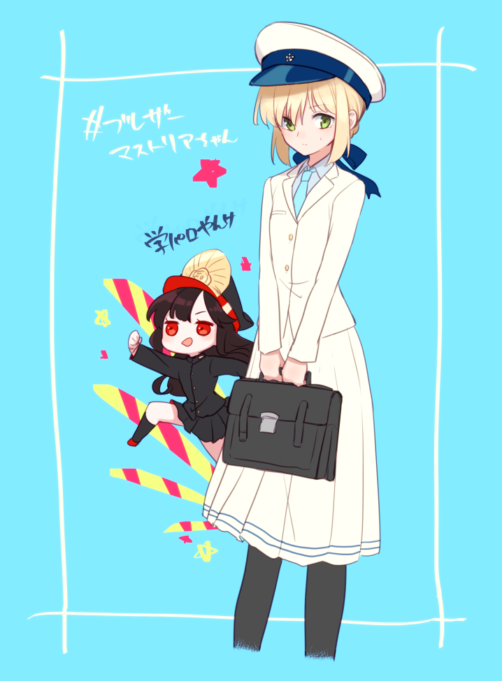 2girls alternate_costume artoria_pendragon_(all) bangs black_hair black_legwear blonde_hair blue_background blue_ribbon breasts briefcase chibi family_crest fate/grand_order fate/stay_night fate_(series) green_eyes hair_ribbon hat jacket kodamari koha-ace long_hair long_sleeves looking_at_viewer multiple_girls oda_nobunaga_(fate) oda_nobunaga_(fate)_(all) oda_uri pantyhose peaked_cap red_eyes ribbon saber sidelocks skirt small_breasts white_headwear white_jacket white_skirt