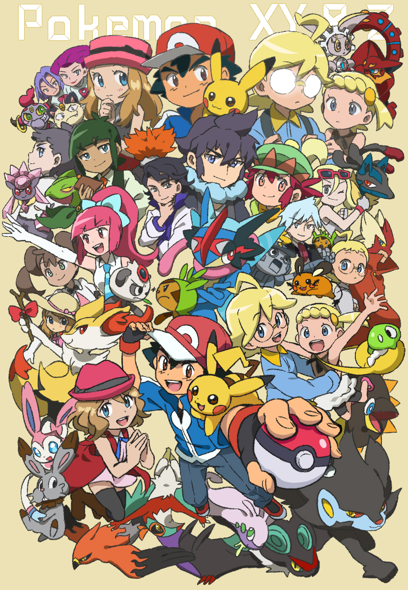 6+boys 6+girls :d ;) ash-greninja bird black_eyes blonde_hair blue_eyes braixen brother_and_sister brown_hair chespin closed_mouth commentary_request copyright_name creature crossed_arms diancie dual_persona eye_contact gen_1_pokemon gen_6_pokemon gen_7_pokemon green_eyes greninja hat highres holding holding_poke_ball holding_stick hoopa hoopa_(confined) long_hair looking_at_another magearna magearna_(normal) meowth multiple_boys multiple_girls mythical_pokemon one_eye_closed open_mouth pancham pikachu poke_ball poke_ball_(generic) pokemon pokemon_(anime) pokemon_(creature) pokemon_xy_(anime) satoshi_(pokemon) serena_(pokemon) short_hair siblings simple_background smile stick sunglasses sylveon twintails ukata volcanion yellow_background