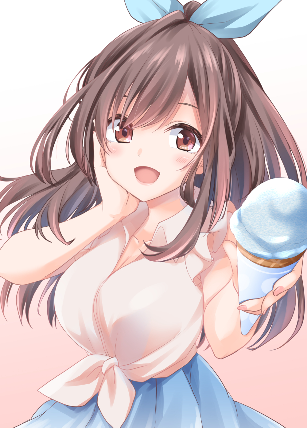 1girl :d bangs blue_ribbon blue_skirt blush breasts brown_eyes brown_hair commentary_request food gradient gradient_background hair_ribbon hand_on_own_cheek hands_up highres holding holding_food ice_cream_cone idolmaster idolmaster_shiny_colors kue large_breasts long_hair looking_at_viewer open_mouth pink_background ribbon shirt skirt smile solo tied_shirt tsukioka_kogane upper_body white_background white_shirt wing_collar