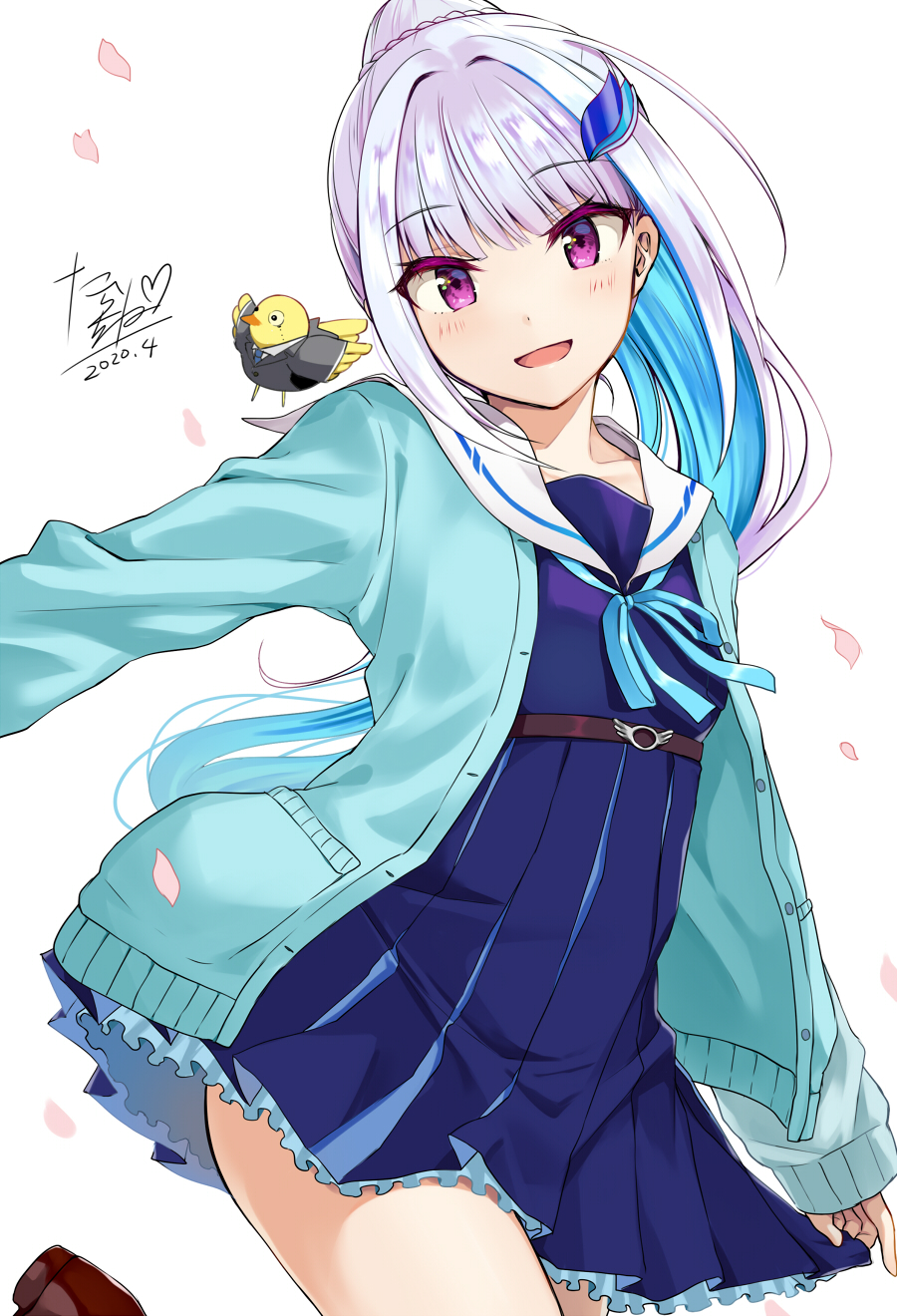 1girl :d animal bangs bird blue_cardigan blue_hair blue_neckwear blue_ribbon blue_serafuku blue_shirt blue_skirt blush cardigan collared_shirt commentary_request cropped_legs dated duck eyebrows_visible_through_hair formal grey_jacket hair_ornament highres jacket leg_up lize_helesta long_hair long_sleeves looking_at_viewer multicolored_hair neck_ribbon necktie nijisanji open_cardigan open_clothes open_mouth petals pleated_skirt ponytail ribbon sailor_collar school_uniform sebastian_piyodore serafuku shirt sidelocks signature simple_background skirt sleeves_past_wrists smile suit tarachine two-tone_hair very_long_hair violet_eyes virtual_youtuber white_background white_hair white_sailor_collar