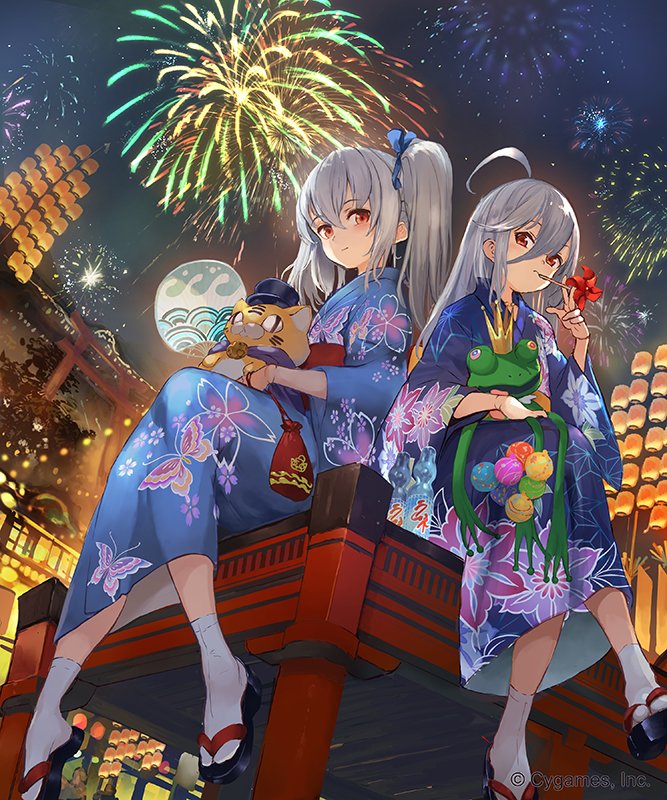 2girls ahoge architecture commentary_request doll_joints dutch_angle east_asian_architecture fireworks geta granblue_fantasy hair_ribbon igarashi_youhei japanese_clothes joints kimono lantern light_smile looking_at_viewer multiple_girls night night_sky orchis paper_lantern pinwheel red_eyes ribbon shadowverse shingeki_no_bahamut side_ponytail silver_hair sitting sky stuffed_toy tabi zwei_(bahamut)