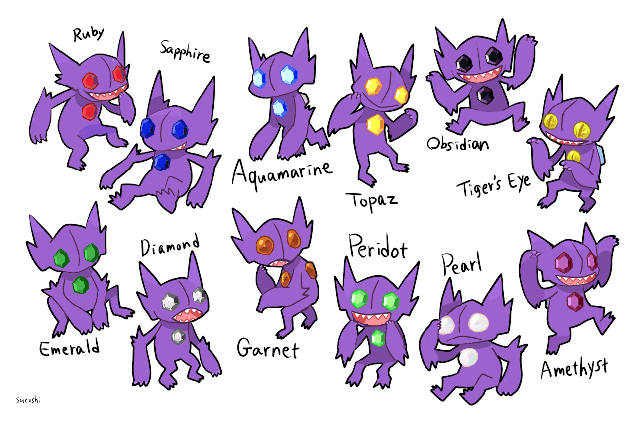 :o alternate_eye_color archived_source commentary creature english_text frown full_body gen_3_pokemon no_humans pokemon pokemon_(creature) sableye sharp_teeth signature simple_background sitting smile standing sucoshi symbol_commentary teeth walking white_background