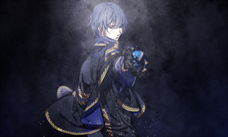 1boy bangs black_background black_gloves blue_eyes blue_hair blue_theme capelet closed_mouth from_side frown giving gloves glowing hair_between_eyes kaito light_particles long_sleeves looking_at_viewer male_focus outstretched_arm project_diva_(series) rosa_blue_(module) sleeve_cuffs upper_body vocaloid witchonly