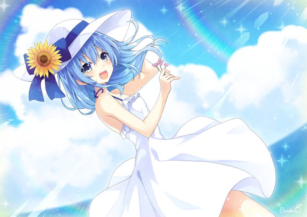 1girl artist_name bangs bare_arms binato_lulu blue_eyes blue_hair clouds cloudy_sky commentary_request dress dress_lift eyebrows_visible_through_hair floating_hair flower flower_request hair_between_eyes hat holding holding_flower hololive hoshimachi_suisei light_particles light_rays long_hair looking_at_viewer ocean open_mouth sidelocks sky sleeveless sleeveless_dress solo sun_hat sundress sunflower white_dress